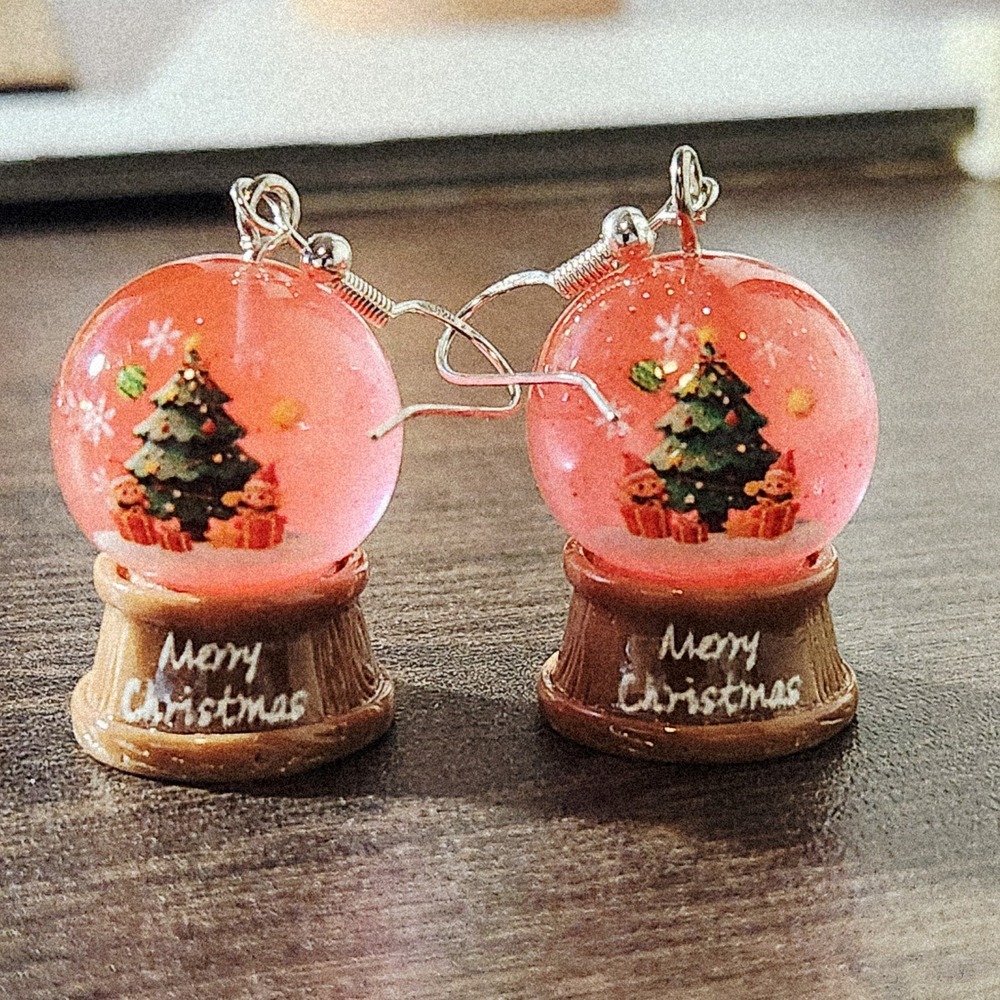 Christmas Snow Globe Drop Earrings Red Holiday Tree Novelty Dangle Jewelry 1.5"